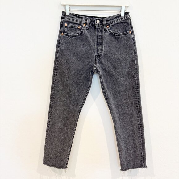 Levi’s Denim 501 High Rise Button Fly Raw Hem Cropped Jeans Faded Black Gray 26 - Picture 1 of 7